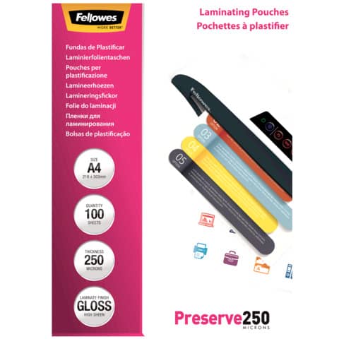 Pouches per plastificatrici Fellowes Standard Preserve250 finitura lucida - 2x250 µm - A4 - Conf. 100 pezzi 5401802
